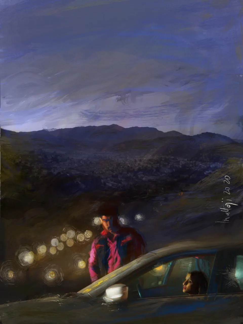 Painted scene, the car on the hill road